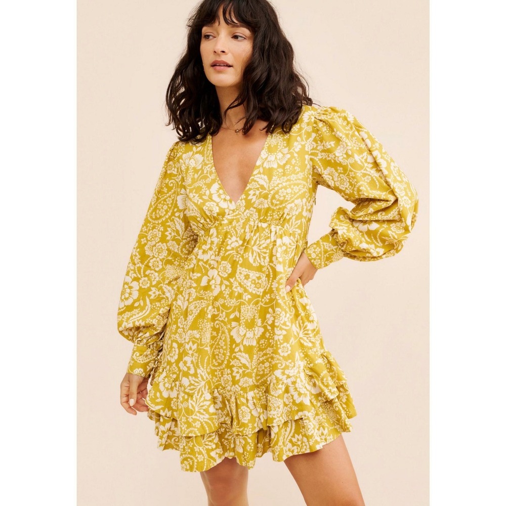 Maeve Anthropologie Yellow Floral Paisley Ruffle Mini Dress V-Neck Long Sleeve